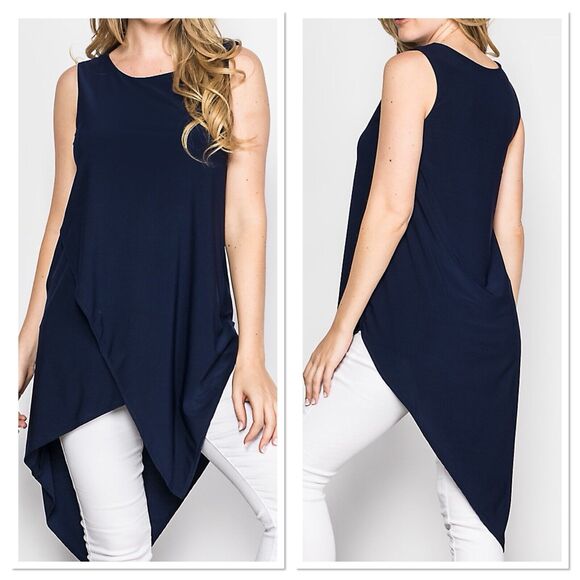 New Last Tango Sleeveless Pointed Hem Tunic Top Navy‎ Blue Asymmetric Hem Size S - Picture 2 of 9